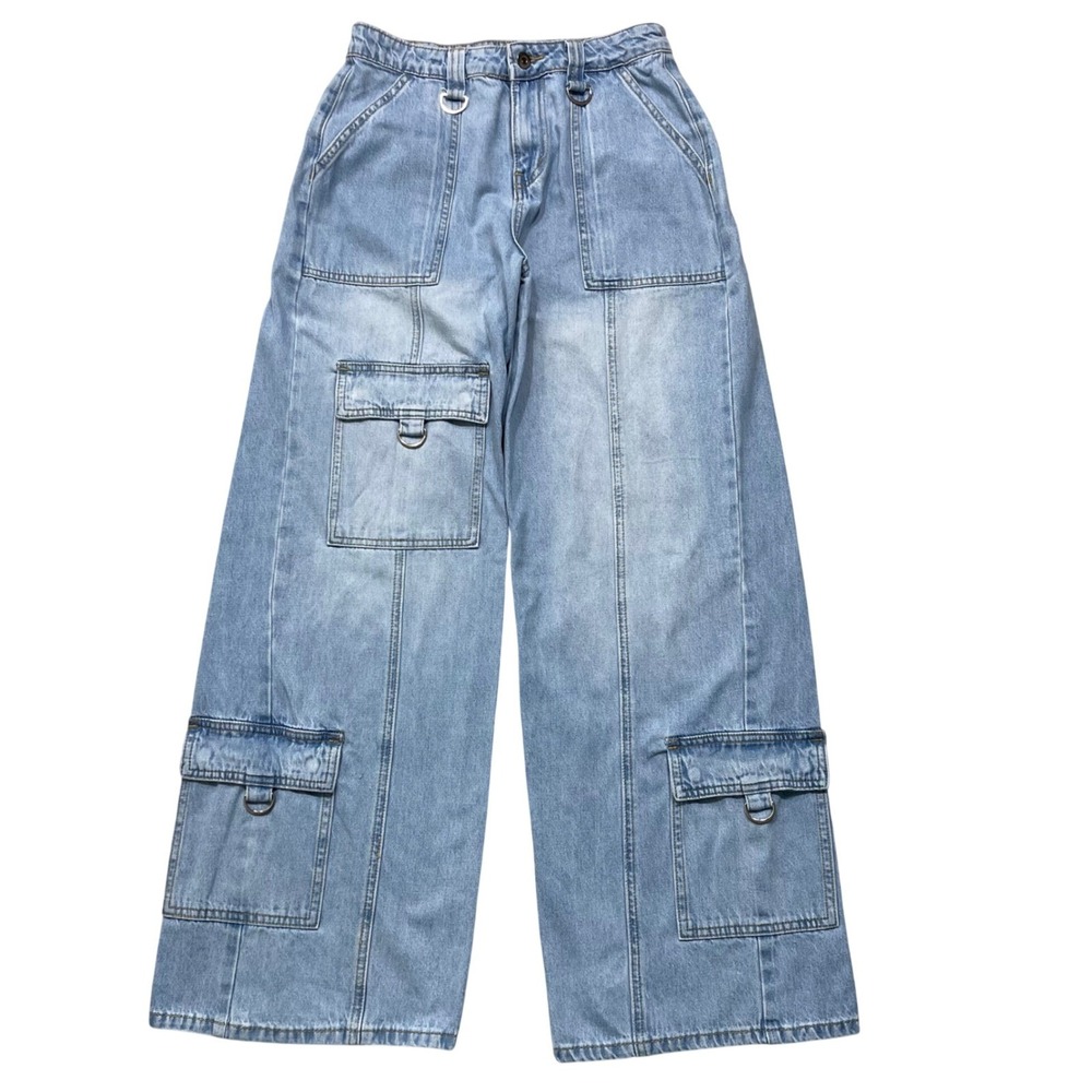 Y2K Hot Topic Denim Metal‎ D-Ring Wide Barrel Leg Cargo Jeans Rave Skater Size 5